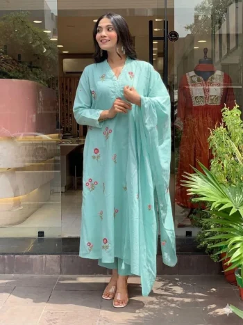 FANCY SLUB COTTON EMBROIDERY WORK TOP BOTTOM WITH DUPATTA SKY