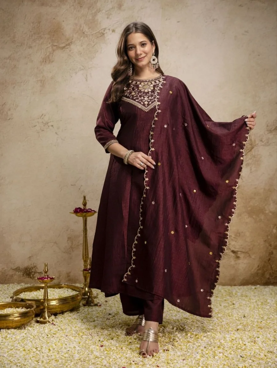 1FANCY VICHITRA SILK SEQUENCE CODING EMBROIDERY WORK TOP BOTTOM WITH DUPATTA FESTIVE WEAR WHOLESALE PRICE ETHNIC GARMENT (36)