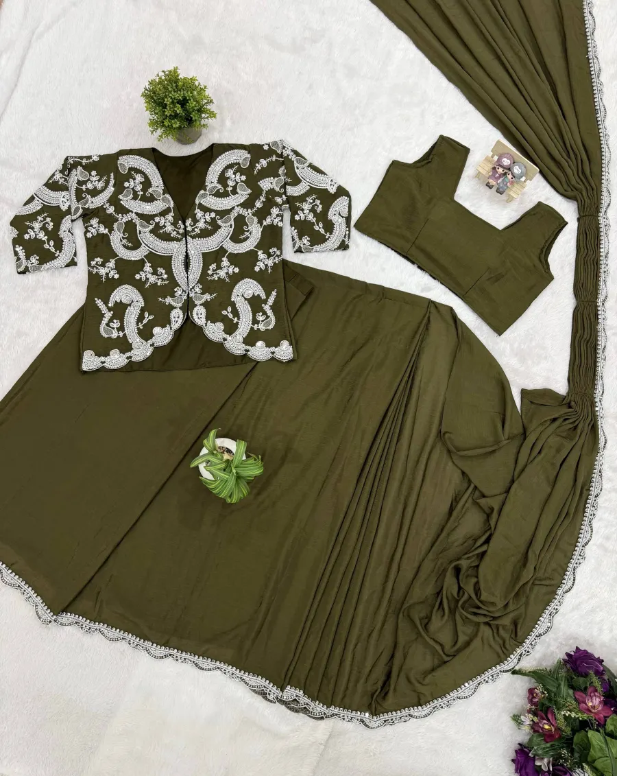 1MODERN CHINON EMBROIDERY WORK READY TO WEAR SAREE WITH STITCHED BLOUSE AND KOTI FESTIVE WEAR WHOLESALE PRICE ETHNIC GARMENT (14)