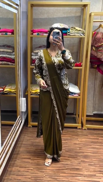 MODERN CHINON EMBROIDERY WORK READY TO WEAR SAREE WITH STITCHED BLOUSE AND KOTI MEHNDI