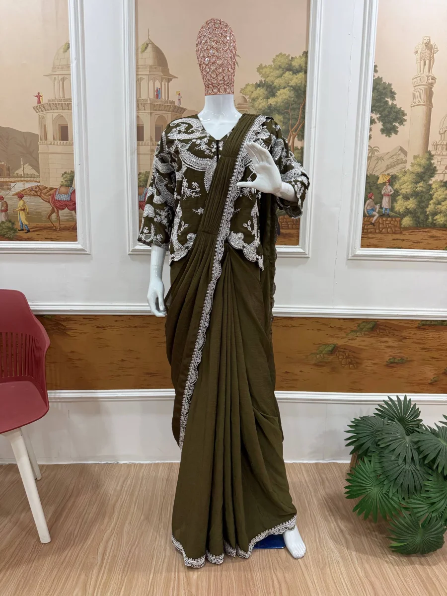 1MODERN CHINON EMBROIDERY WORK READY TO WEAR SAREE WITH STITCHED BLOUSE AND KOTI FESTIVE WEAR WHOLESALE PRICE ETHNIC GARMENT (16)