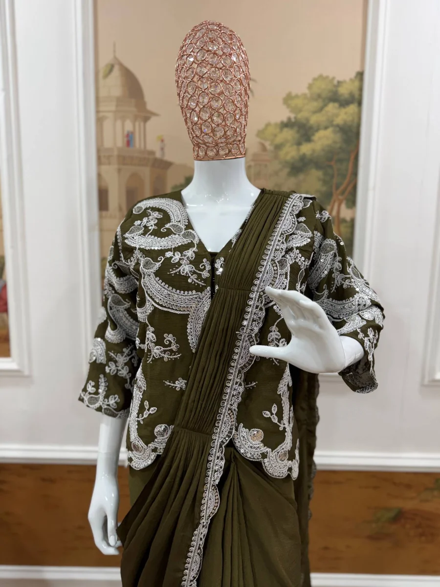 1MODERN CHINON EMBROIDERY WORK READY TO WEAR SAREE WITH STITCHED BLOUSE AND KOTI FESTIVE WEAR WHOLESALE PRICE ETHNIC GARMENT (17)