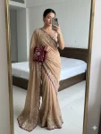 MODERN GEORGETTE SEQUENCE WORK CUT  WORK BORDER SAREE WITH UNSTITCHED BLOUSE CREAM