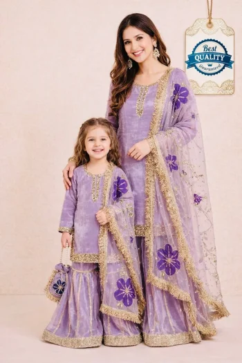 MODERN GMY SILK EMBROIDERY SEQUENCE WORK MOTHER DAUGHTER SET LAVENDER