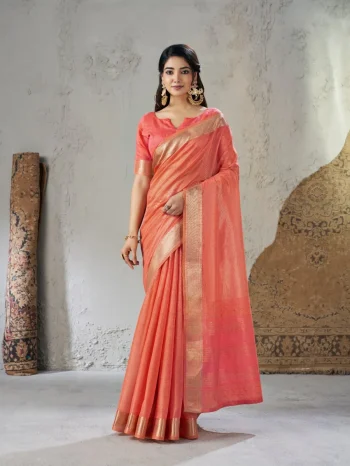 MODERN LINENE COTTON SILK GOLD ZARI AND SELF DESIGN WORK SAREE WITH UNSTITCHED BLOUSE PEACH
