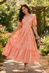 MODERN MUSLIN SILK GINGHAM PRINT WORK ONE PIECE DRESS ORANGE