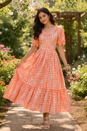 MODERN MUSLIN SILK GINGHAM PRINT WORK ONE PIECE DRESS ORANGE