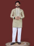 MODERN SILK EMBROIDERY WORK MEN'S KURTA PAYJAMA CREAM