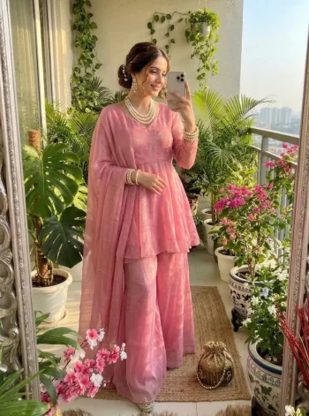 NEW ARRIVAL CRUNCHY SILK  PLAIN TOP PALAZZO WITH DUPATTA BABY PINK