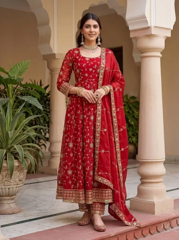 NEW ARRIVAL FENDY SILK EMBROIDERY  SEQUENCE ZARI WORK GOWN BOTTOM WITH DUPATTA RED