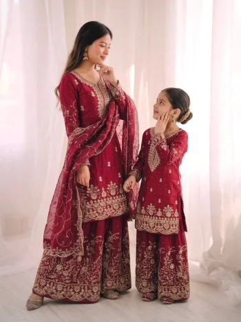 NEW ARRIVAL GMY SILK EMBROIDERY SEQUENCE WORK MOTHDER DAUGHTER SET RANI