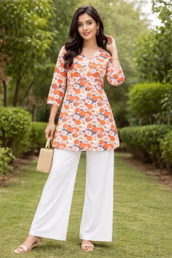 NEW ARRIVAL RAYON DIGITAL PRINT WORK TOP PALAZZO SET ORANGE