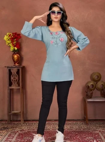 NEW ARRIVAL RINKAL COTTON EMBROIDERY WORK ONLY TOP SKY
