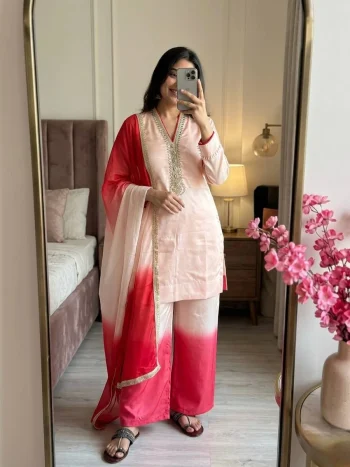 NEW ARRIVAL ROMAN GLASS EMBROIDERY CODING-DORI WITH REAL MIRROR HAND WORK TOP PALAZZO WITH DUPATTA CREAM AND RANI