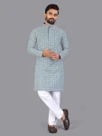 RICH LOOK COTTON CHIKANKARI EMBROIDERY WORK MEN'S KURTA PAYJAMA SKY
