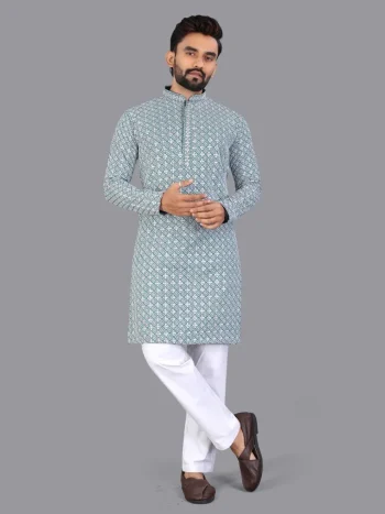 RICH LOOK COTTON CHIKANKARI EMBROIDERY WORK MEN'S KURTA PAYJAMA SKY