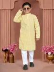 RICH LOOK COTTON CHIKANKARI WORK KID'S KURTA PAYJAMA SET LIGHT YELLOW