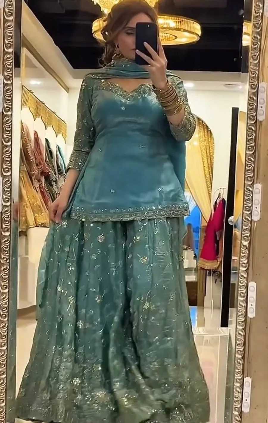 1RICH LOOK FENDY SILK THREAD WITH SEQUENCE EMBROIDERY, ZARI WORK TOP PALAZZO WITH DUPATTA FESTIVE WEAR WHOLESALE PRICE ETHNIC GARMENT (12)
