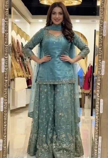 RICH LOOK FENDY SILK THREAD WITH SEQUENCE EMBROIDERY, ZARI WORK TOP PALAZZO WITH DUPATTA RAMA