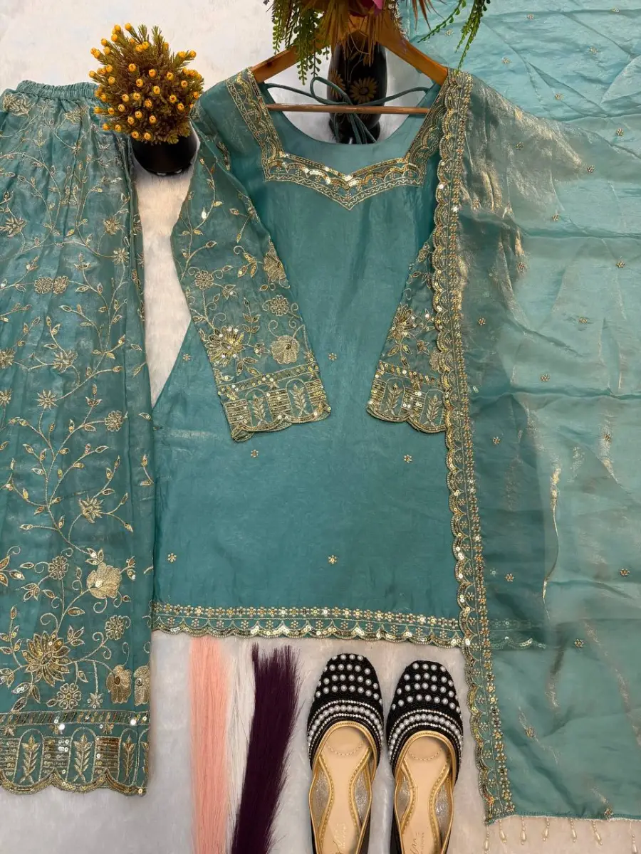 1RICH LOOK FENDY SILK THREAD WITH SEQUENCE EMBROIDERY, ZARI WORK TOP PALAZZO WITH DUPATTA FESTIVE WEAR WHOLESALE PRICE ETHNIC GARMENT (9)