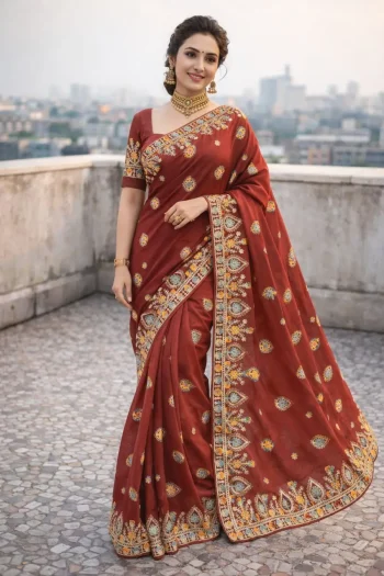 RICH LOOK GEORGETTE SILK THREAD WORK EMBROIDERY WITH PIPING BORDER WORK SAREE WITH UNSTITCHED BLOUSE ORANGE