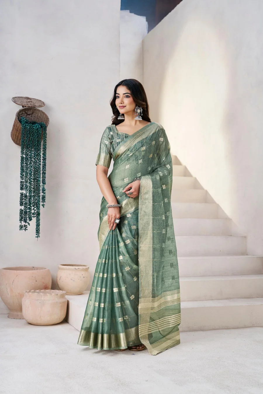 1RICH LOOK LINEN COTTON SILK GOLD ZARI AND SELF DESIGN WORK SAREE WITH UNSTITCHED BLOUSE FESTIVE WEAR WHOLESALE PRICE ETHNIC GARMENT (11)