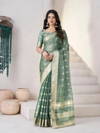 RICH LOOK LINEN COTTON SILK GOLD ZARI AND SELF DESIGN WORK SAREE WITH UNSTITCHED BLOUSE GREEN