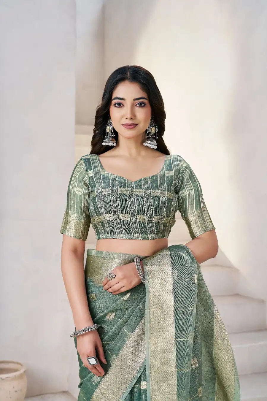 1RICH LOOK LINEN COTTON SILK GOLD ZARI AND SELF DESIGN WORK SAREE WITH UNSTITCHED BLOUSE FESTIVE WEAR WHOLESALE PRICE ETHNIC GARMENT (9)