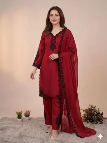 RICH LOOK MUL CHANDERI EMBROIDERY WORK TOP PALAZZO WITH DUPATTA RED
