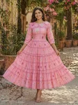 RICH LOOK MUSLIN SILK GINGHAM PRINT WORK ONE PIECE DRESS BABY PINK
