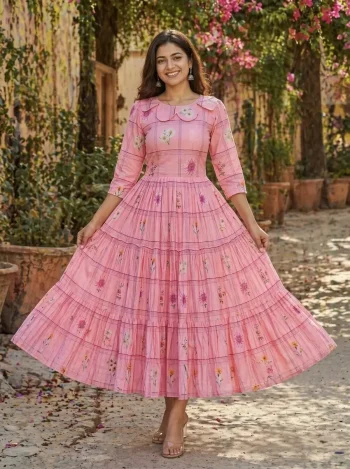 RICH LOOK MUSLIN SILK GINGHAM PRINT WORK ONE PIECE DRESS BABY PINK