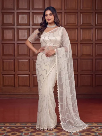 RICH LOOK NET BEADS ,SEQUENCE, PEARLS EMBROIDERY WORK SAREE WITH UNSTITCHED BLOUSE WHITE
