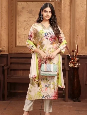 TRENDING CHANDERI HANDWORK TOP BOTTOM WITH DUPATTA LEMON