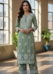 TRENDING COTTON EMBROIDERY WORK KURTI PALAZZO SET PARROT GREEN