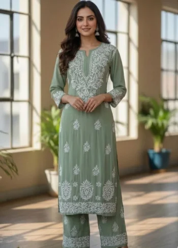 TRENDING COTTON EMBROIDERY WORK KURTI PALAZZO SET PARROT GREEN