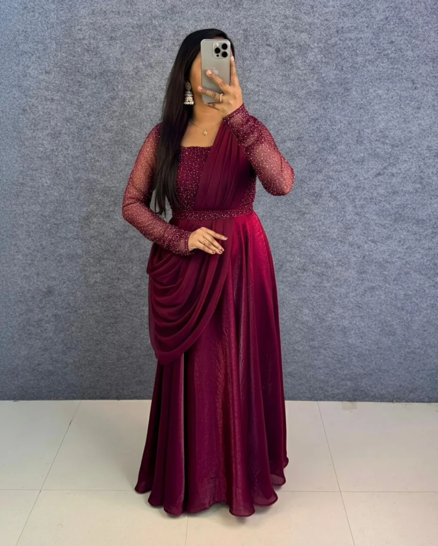 1TRENDING FENDY SILK SEQUENCE AND BEADS WORK GOWN WITH DUPATTA AND WAIST BELT FESTIVE WEAR WHOLESALE PRICE ETHNIC GARMENT (4)