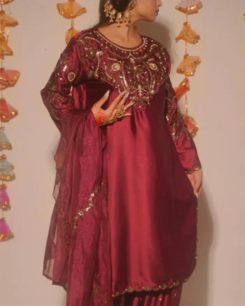 TRENDING JAPAN SATIN EMBROIDERY SEQUENCE WORK TOP PATIYALA WITH DUPATTA MAROON