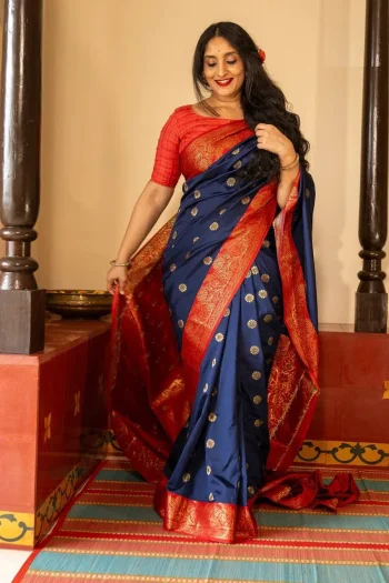 TRENDING LICHI SILK JACQUARD WORK SAREE WITH UNSTITCHED BLOUSE NAVY BLUE
