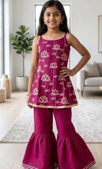 TRENDING RAYON SEQUENCE EMBROIDERY WORK KID'S TOP PALAZZO SET PINK