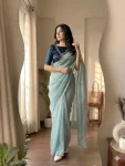 TRENDING SHIMMER CREPE JARKAN STONE WORK BORDER AND ALL OVER DIAMOND WORK SAREE WITH UNSTITCHED BLOUSE SKY