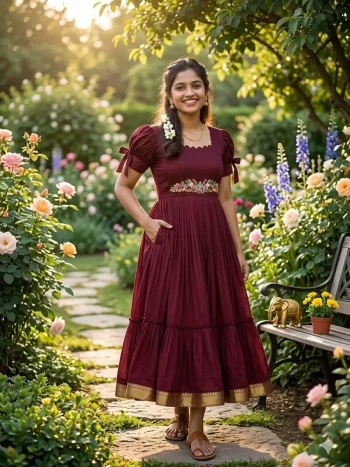 TRENDING VICHITRA SILK MAGGAM WORK ONE PIECE DRESS MAROON