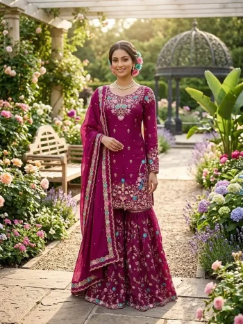 DESIGNER JMC SILK THREAD WITH SEQUENCE WITH RIVET MOTI WORK TOP SHARARA WITH DUPATTA WINE
