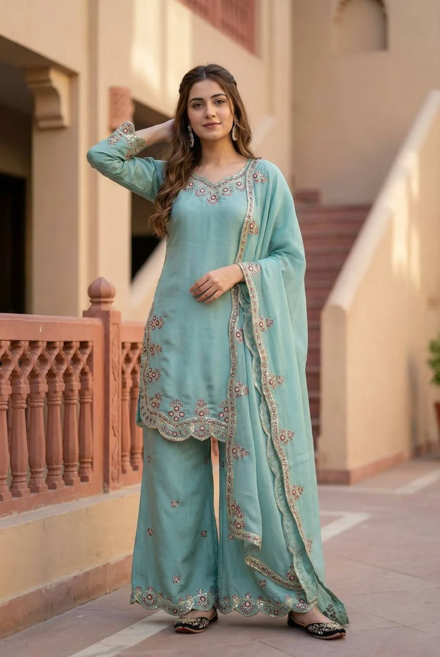 21DESIGNER ROMAN GLASS EMBROIDERY SEQUENCE WITH FANCY CUT WORK TOP PALAZZO WITH DUPATTA FESTIVE WEAR WHOLESALE PRICE ETHNIC GARMENT (11)