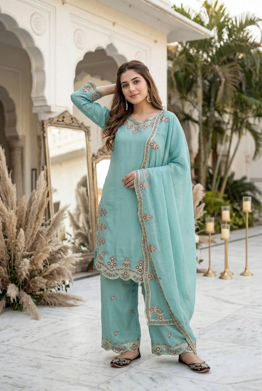 21DESIGNER ROMAN GLASS EMBROIDERY SEQUENCE WITH FANCY CUT WORK TOP PALAZZO WITH DUPATTA FESTIVE WEAR WHOLESALE PRICE ETHNIC GARMENT (12)