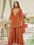 FANCY NATURAL SILK EMBROIDERY CHAIN  SEQUENCE WITH FANCY CUT WORK TOP PALAZZO WITH DUPATTA ORANGE