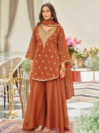 FANCY NATURAL SILK EMBROIDERY CHAIN  SEQUENCE WITH FANCY CUT WORK TOP PALAZZO WITH DUPATTA ORANGE