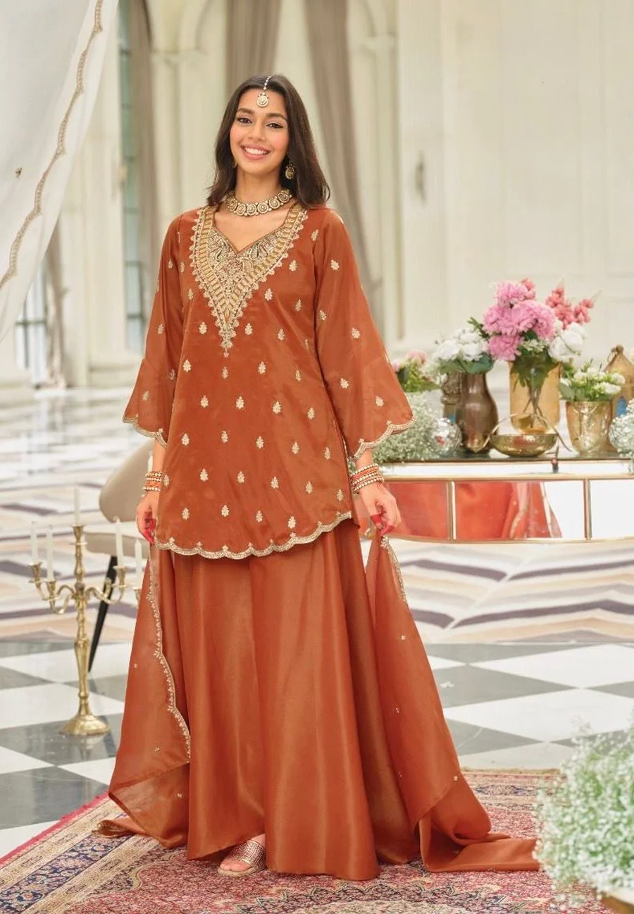 21FANCY NATURAL SILK EMBROIDERY CHAIN SEQUENCE WITH FANCY CUT WORK TOP PALAZZO WITH DUPATTA FESTIVE WEAR WHOLESALE PRICE ETHNIC GARMENT (14)
