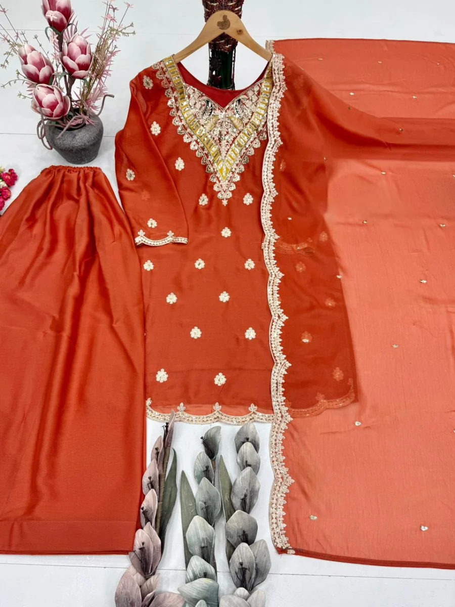 21FANCY NATURAL SILK EMBROIDERY CHAIN SEQUENCE WITH FANCY CUT WORK TOP PALAZZO WITH DUPATTA FESTIVE WEAR WHOLESALE PRICE ETHNIC GARMENT (16)
