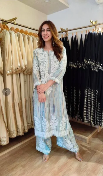FANCY RAYON EMBROIDERY WORK KURTI PALAZZO SET SKY