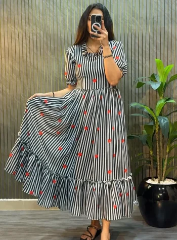 FANCY MUL CHANDERI PRINTED WORK ONE PIECE DRESS BLACK